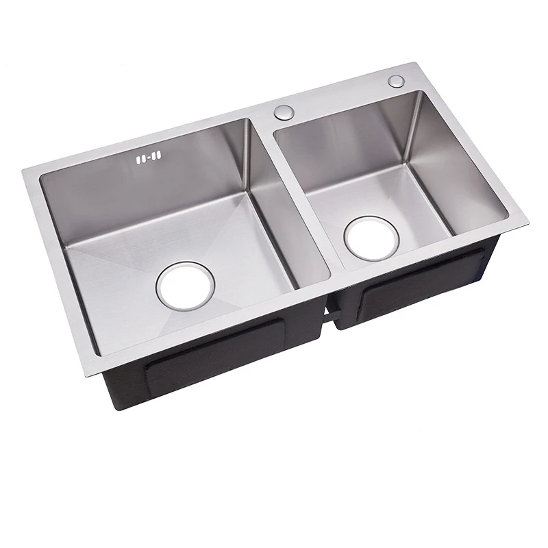 Baratos Fregaderos de cocina doble cuenco de acero inoxidable fregadero de plata cepillado con cesta de fregadero por encima del fregadero de lavado grosor 3mm