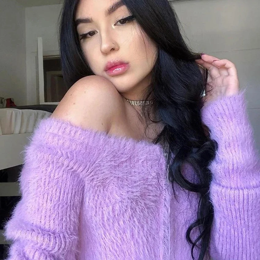New Winter Purple Woman Cardigan Sweaters Tops Knitted Soft Long Sleeve Sweater V-neck Short Mohair Cardigans Fall Femme 2020