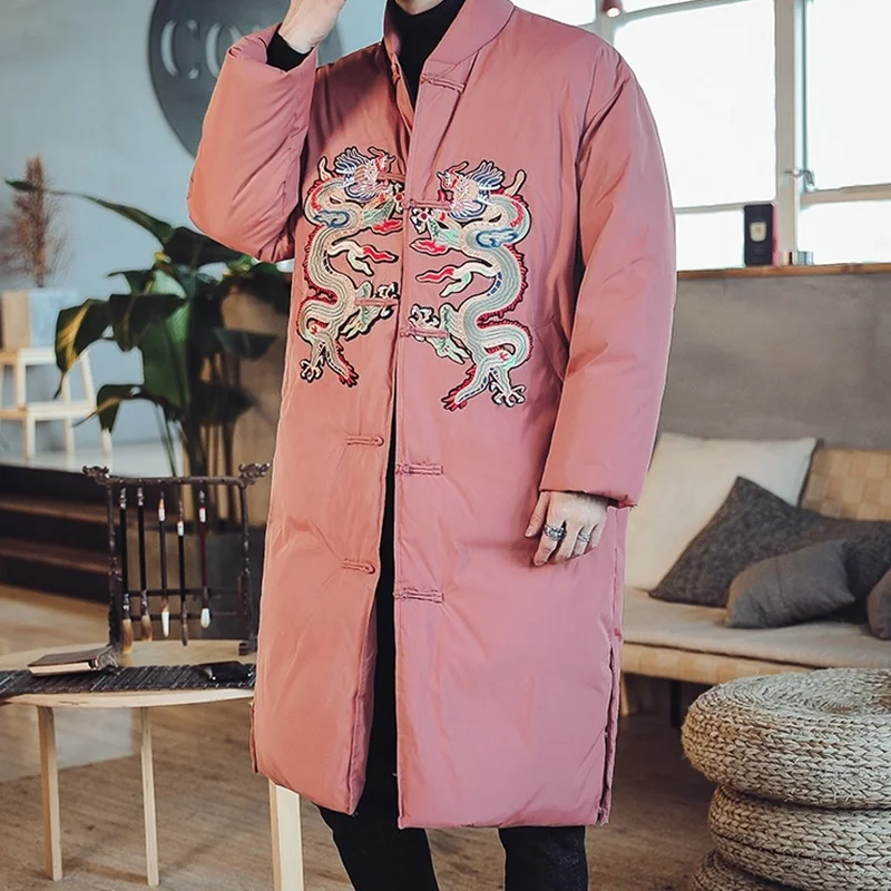 Зимнее китайское стильное дизайнерское теплое стеганое ретро пальто с пряжкой, куртки для мужчин, длинное повседневное Свободное пальто для мужчин KK3264