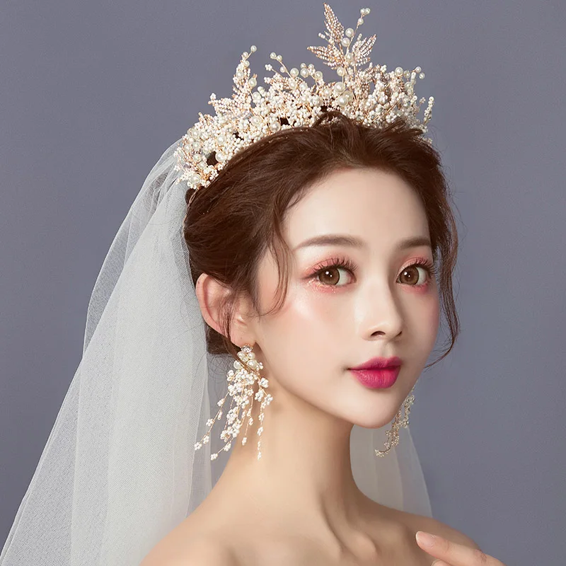 New Handmade Pearl Rhinestone Princess Crown Earrings Set for Bride Leaf Crowns Tiaras Wedding Queen Diadem Headbands Headdress