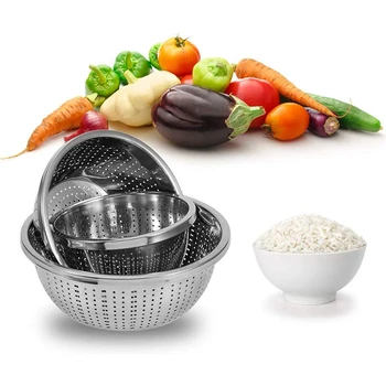 

3 Pack Stainless Steel Rice Sieve Rice Washing Bowl Filter Strainer Drainer Kitchen Colander for Vegetables Fruit Pasta Noodles