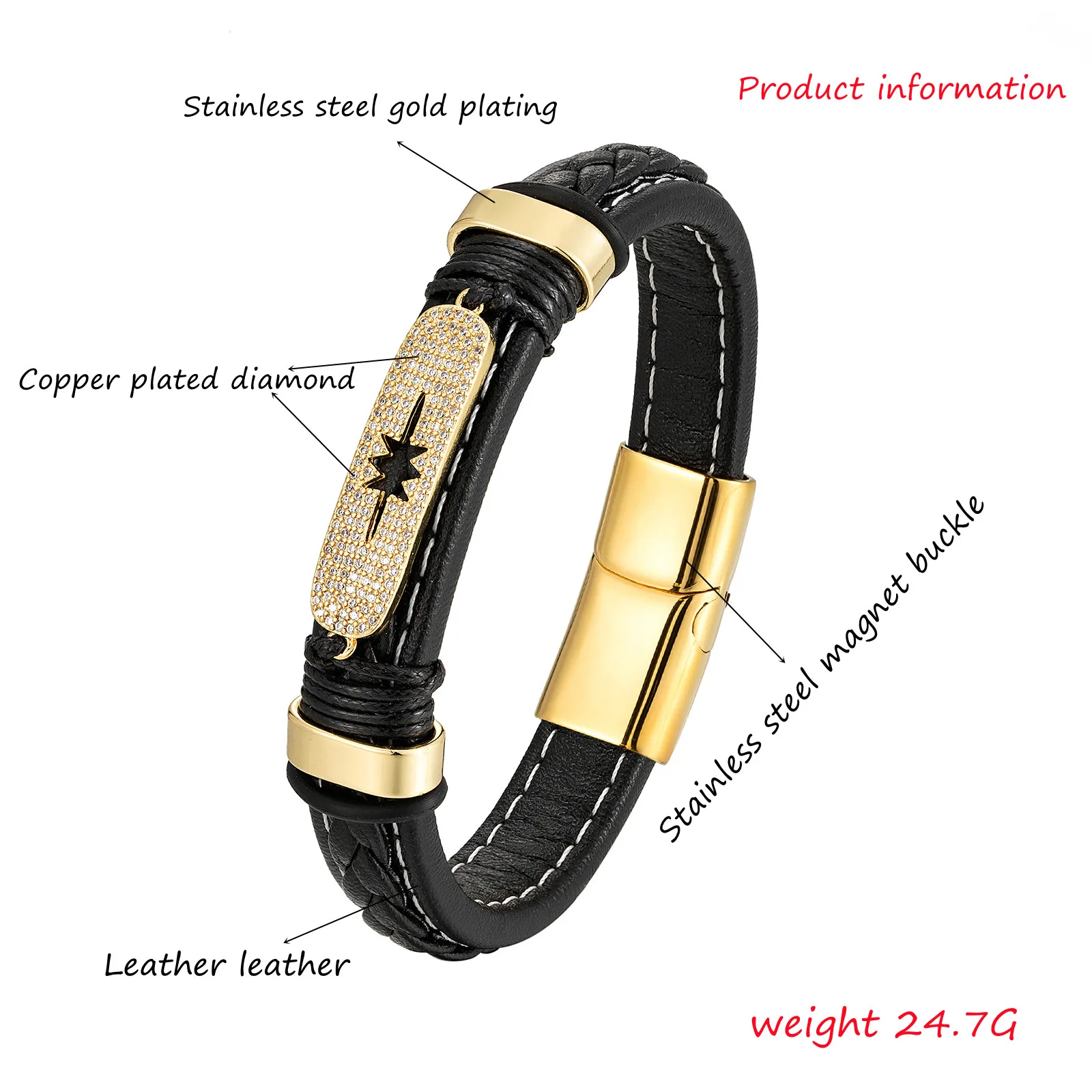 New Niche Design Neutral Polar Star Ball Shape Copper Gold-Plated 316 Stainless Steel Leather Cord Bracelet With Diamonds