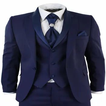 

Men's 3 Pieces Classic Tweed Navy Blue Slim Fit Vintage Suit Custom