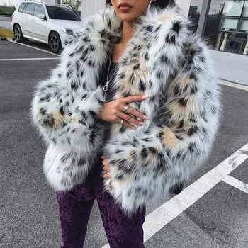 

tWinter Faux Fur Coat Female2020 Wide Waisted Full Sleeve Turn-down Collar Leopard Furry Casual Fox Fur Coat For Women Fashion