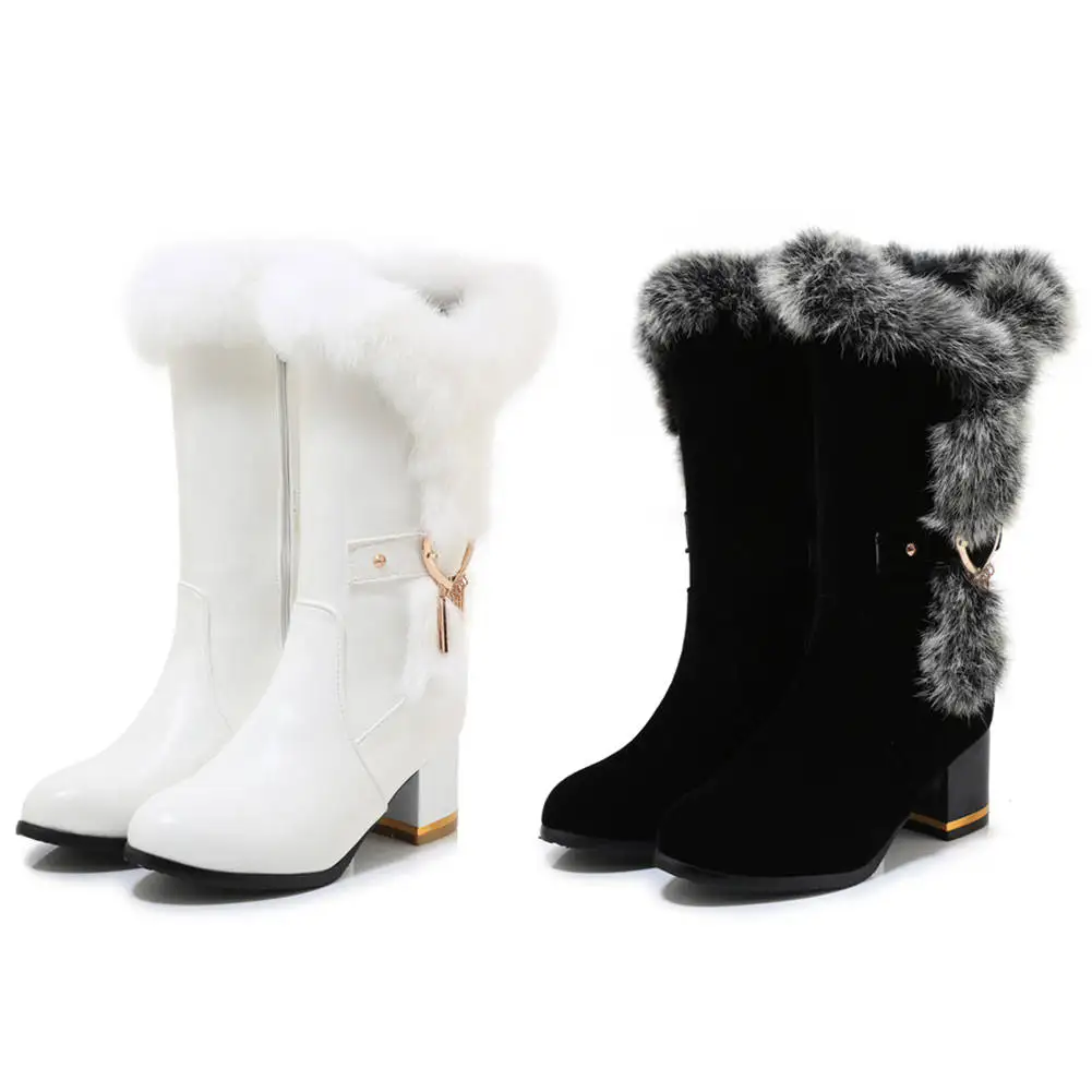 BONJOMARISA Plus Size 33-46 New Women Snow Boots Ladies High Heels Metal Decoration Shoes Woman Winter Warm Fur Mid Calf Boots BONJOMARISA Plus Size 33-46 New Women Snow Boots Ladies High Heels Metal Decoration Shoes Woman Winter Warm Fur Mid Calf Boots