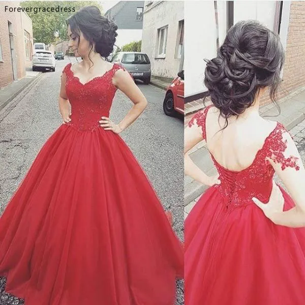 New Arrival Modern Red Tulle Lace-up Prom Party Gowns 2017 Lace Backless Sweetheart Short Sleeves Beaded A-line Evening Reception Gowns  121 (2)