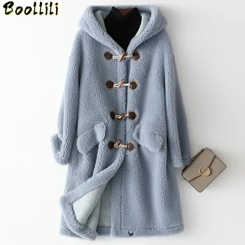 

Boollili 2020 New Wool Real Fur Coat for Women Clothes Winter Sheep Jackets Coats Female Long Hooded Suede Lining Overcoat