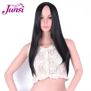 

JUNSI Long Straight Wigs High Temperature Fiber Synthetic Natural Black Color Women's Wig