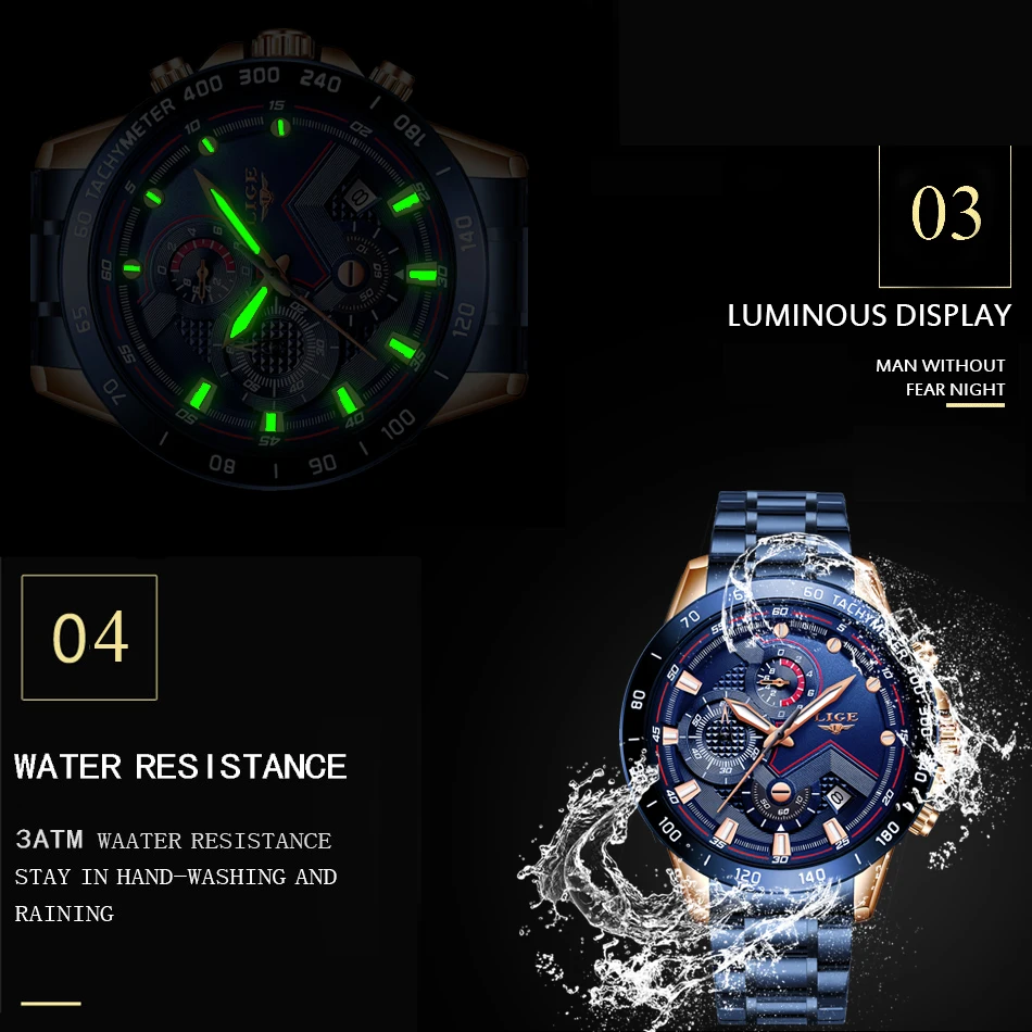 LIGE New Fashion Mens Watches with Stainless Steel Top Brand Luxury Sports Chronograph Quartz Watch Men Relogio Masculino