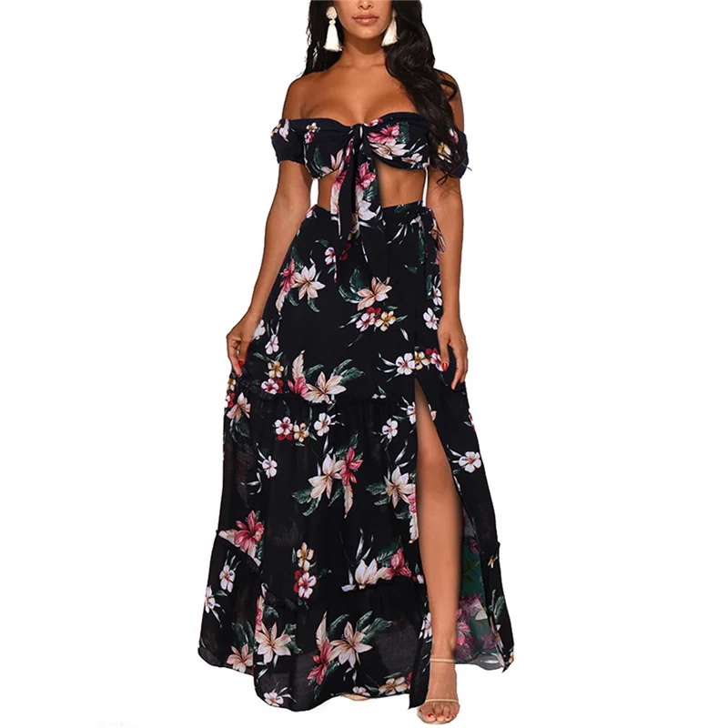 

Womenâ€™s 2pcs Beach Flower Printed Suit Short Sleeve Off-shoulder Tube Top Bow High-waist Split Long Skirt Ladies Elegant Set