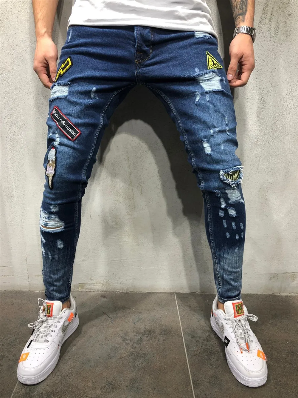 Cotton Blend Skinny Ripped Denim Jeans for Hip Hop Slim Fit Streetwear Patchwork Badge Distressed Blue Pencil - AliExpress