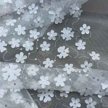 

GLace 1M/lot off white High quality beautiful bright snowflake embroidery mesh sequins fabric wedding dress decoration TX1348