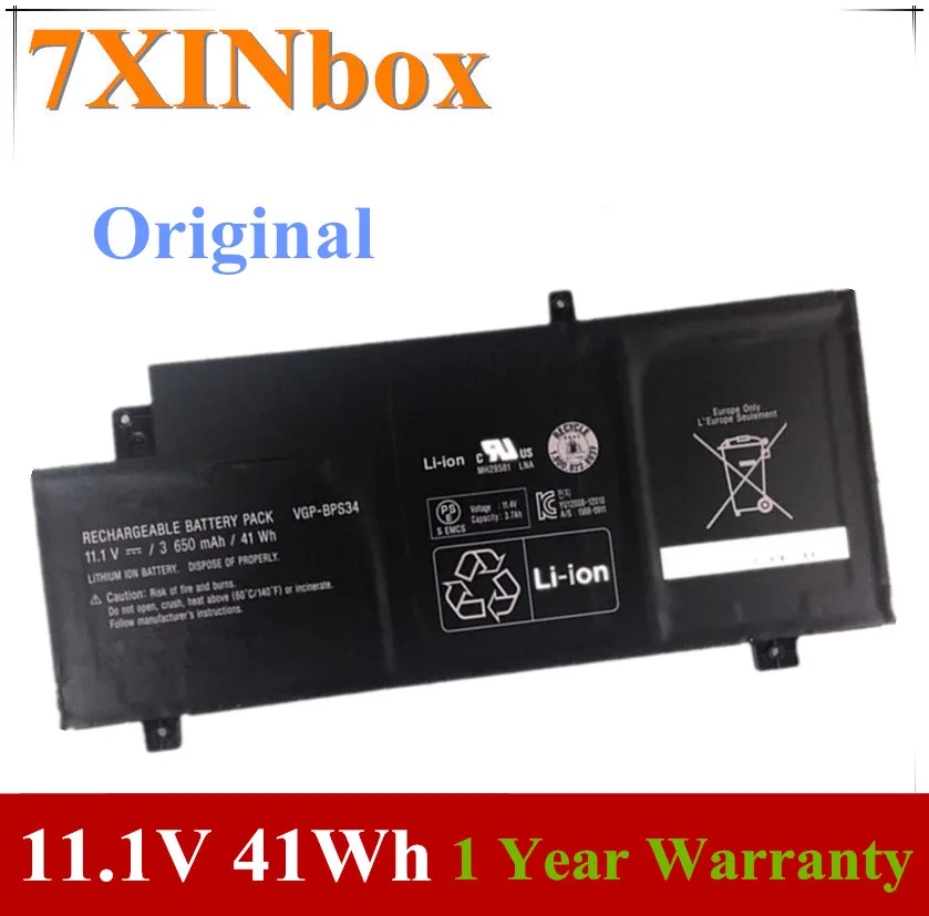 7XINbox 11 1 V 3650mAh 41Wh VGP-BPS34 BPS34 Аккумулятор для ноутбука Sony VAIO Fit 15 Touch SVF15A1ACXB SVF15A1ACXS