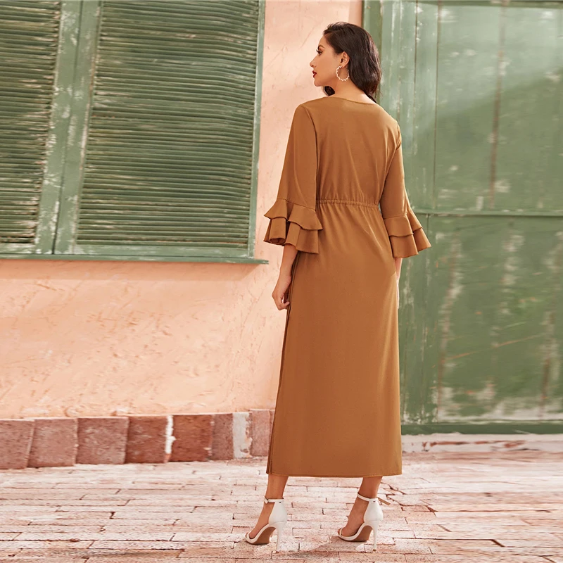 SHEIN Camel, элегантное Плиссированное многослойное платье с рукавами-колокольчиками и рюшами, женские платья макси с высокой талией, осень