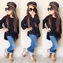 Осенняя одежда из 2 предметов детский комплект одежды для маленьких девочек однотонная черная футболка с длинными рукавами Топы+ джинсовые штаны из денима для детей от 2 до 6 лет