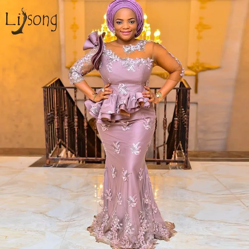 

Dusty Pink African Mermaid Evening Dresses Three Quarter Sleeves Applique Lace Beading Formal Dresses Long Prom Gown