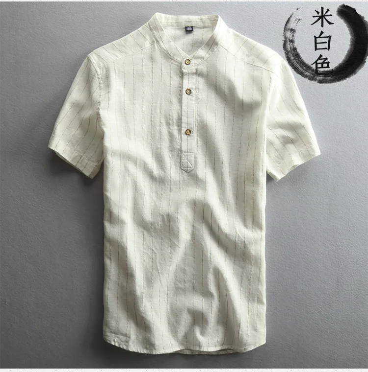 Men Summer Fashion China Style Vintage Striped Stand Collar Cotton Linen Short Sleeve Shirt Male Casual Slim Fit Thin Shirts