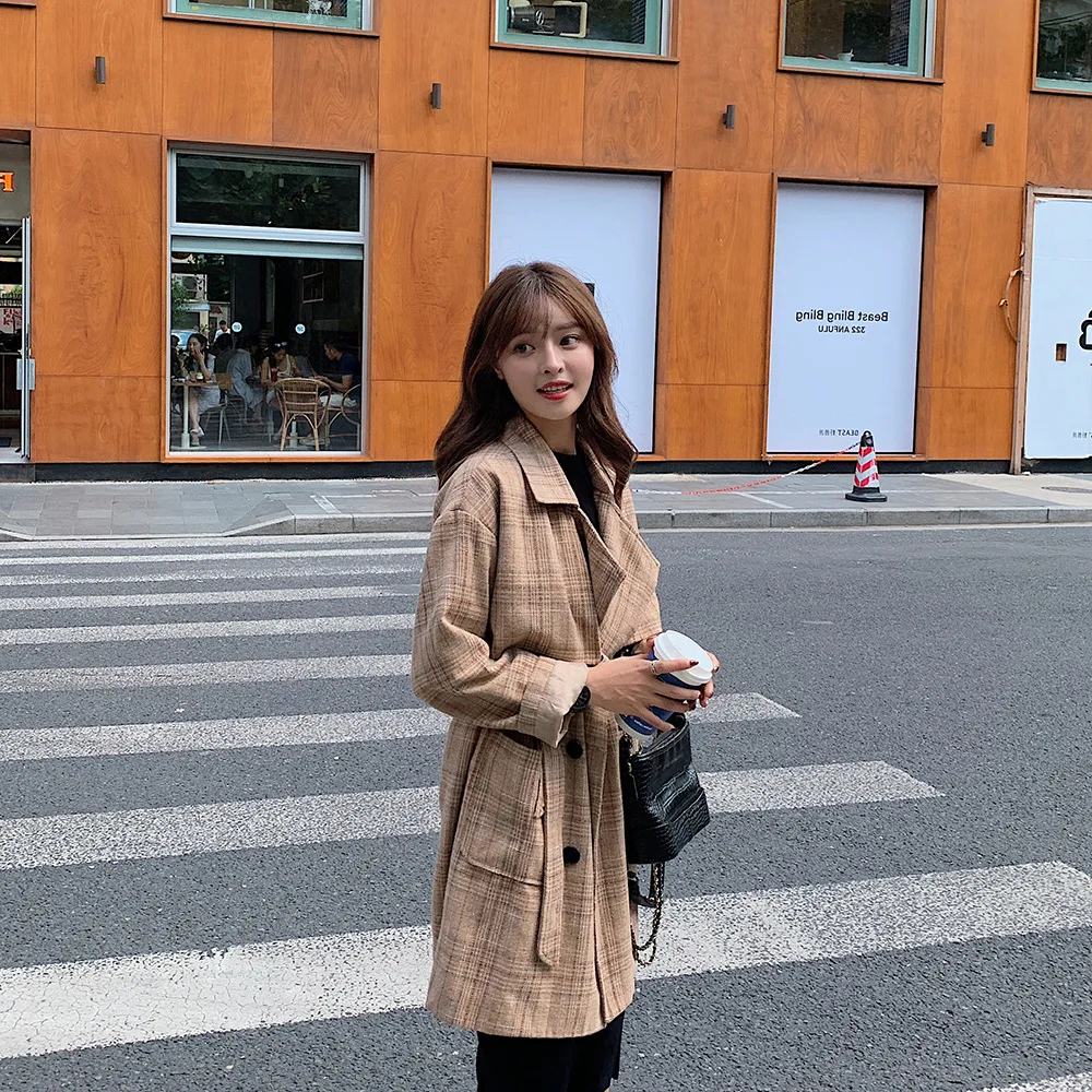 

Plaid Trench Coat Women's Mid-length 2019 Spring And Autumn CHIC New Style Students Loose-Fit Slimming over-the-Knee Coat