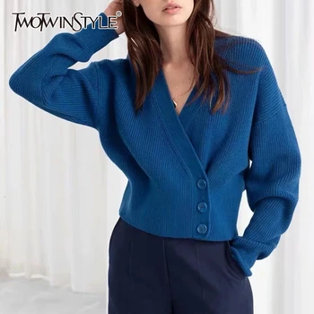 

TWOTWINSTYLE Knitted Women's Sweater V Neck Long Sleeve Korean Oversized Cardigans Female Clothing Fashion Autumn New 2020