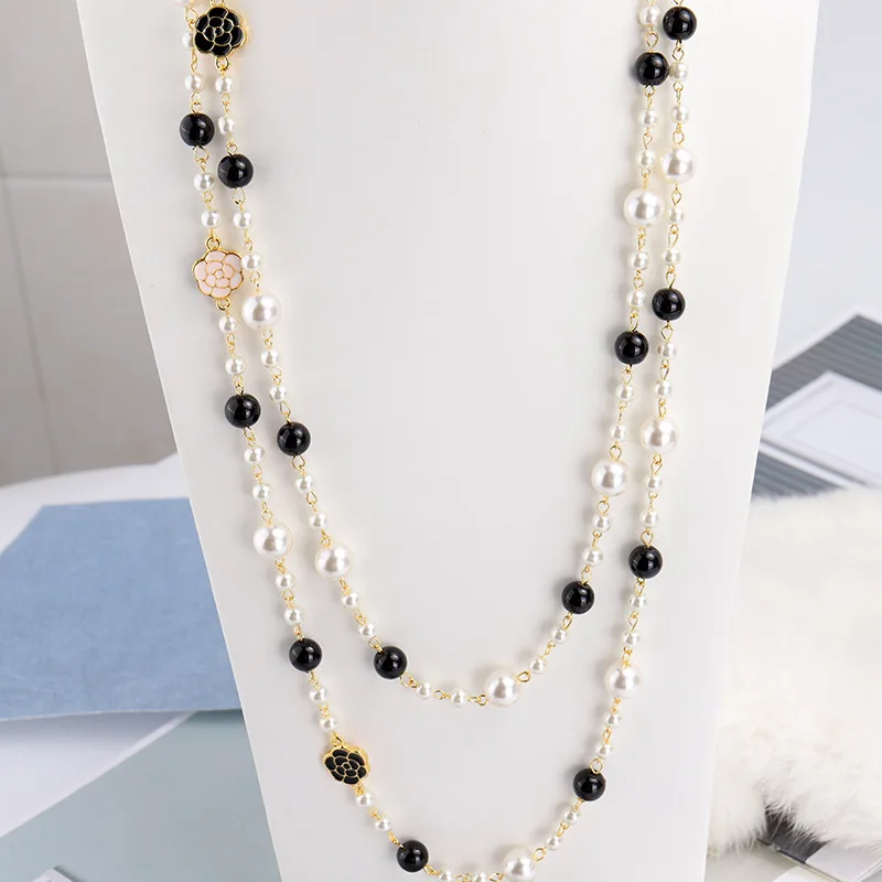Long Pearl Necklace Three Layered Gold Camellia Drop Chain Designer Rose Flower 