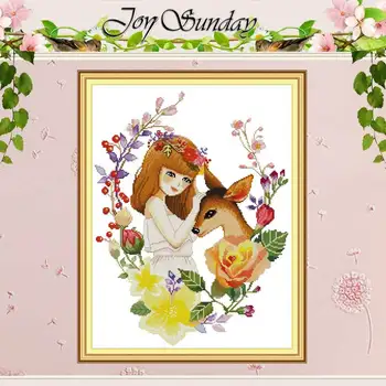 

Girl and Deer patterns Counted Cross Stitch 11CT 14CT Cross Stitch Set Wholesale Chinese Cross-stitch Kit Embroidery Needlework