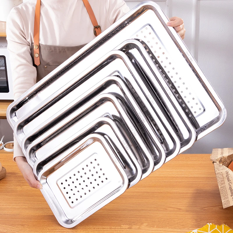 Stainless Steel Rectangle Hollow Drain Tray Thickened Fruit Vegetables Storage Plate Oil Water Filter Pan Kitchen Accessories 5
