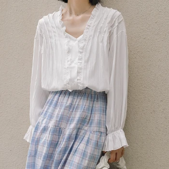 

COIGARSAM Full Sleeve Shirt Womens tops New Spring V-Neck Women shirts White 8791