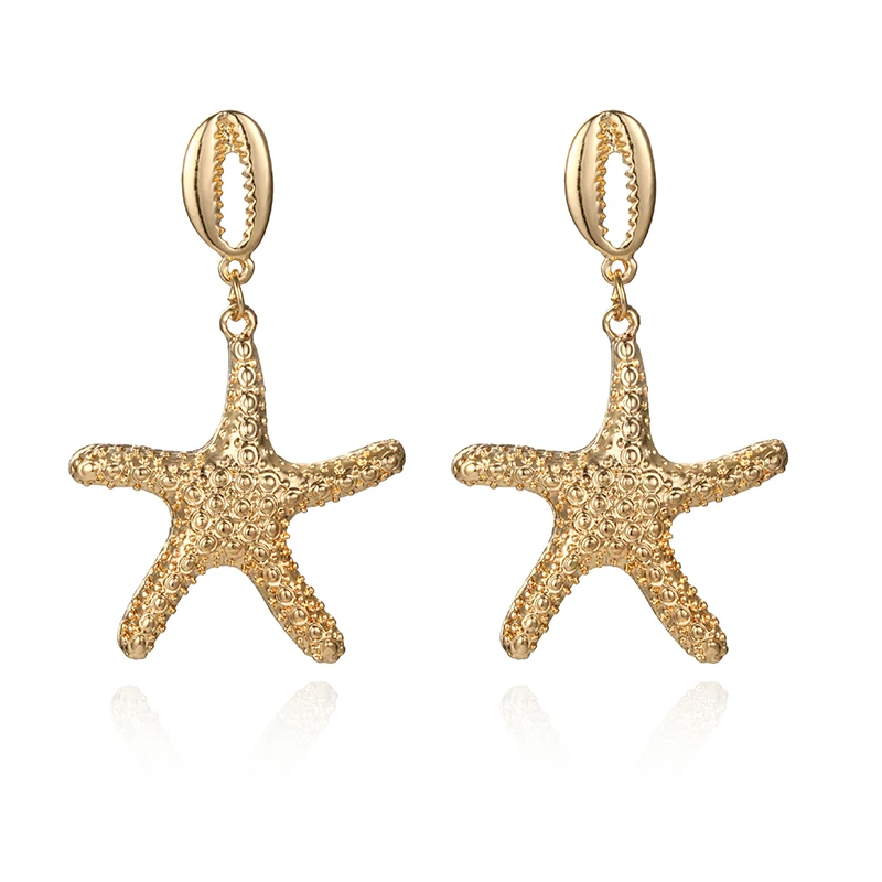 Korean Statement Embossed Starfish Dangle Drop Big Gold Metal Beach Earrings For Women Fashion