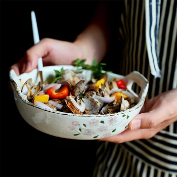 

1pc Cherry Blossom Baking Plate Japanese Sakura Design Dinner Plate Baking Tray Bakeware Rice Bowl Dishes with Double Handle