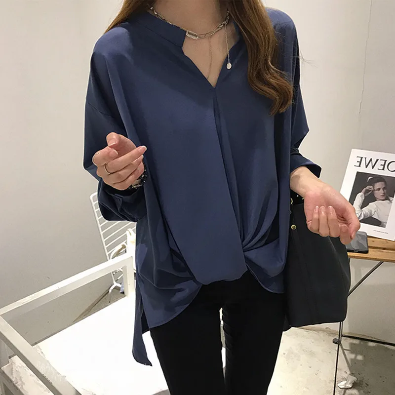 

2020 Autumn New Women's Oversize Slim Long Style Thin Chiffon Shirt Causal OL Commute Long Sleeve Cross Heart Bottom Top