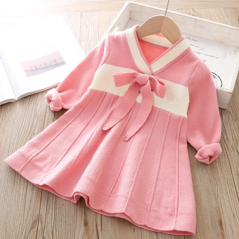 

2019 autumn and winter girls dress kids v-neck long sleeve chinese style sweater dresses embroidered knit dress for children
