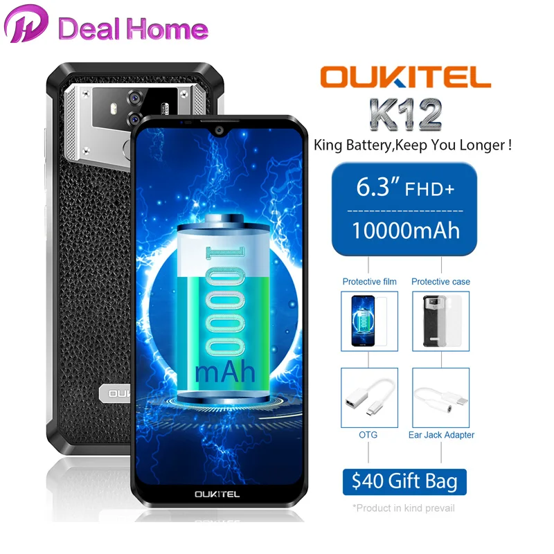 OUKITEL K12 6," FHD+ капля Android 9,0 6GB 64GB смартфон 1080*2340 16MP 10000mAh 5 V/6A OTG NFC мобильный телефон