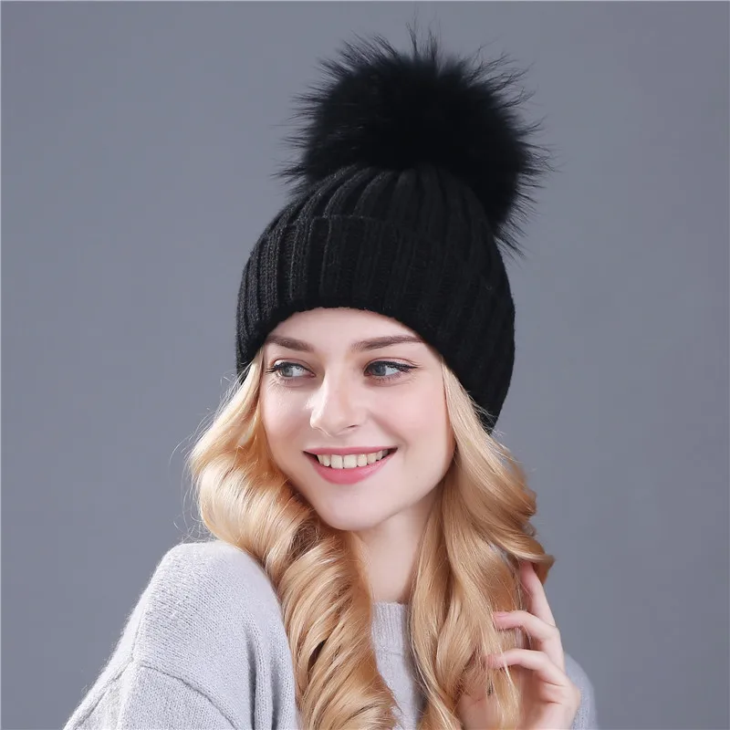 color pom black Xthree, шапка из меха норки и лисы, помпоны, зимняя женская шапка, шапка для девочек, вязаные шапки, шапка, фирменная Новинка, толстая женская шапка - Цвет: color pom black