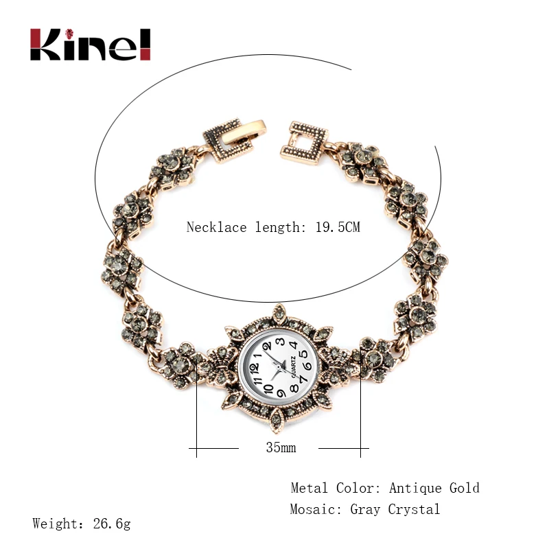 Kinel Шарм турецкие женские часы звено Браслет Античное золото серый кристалл богемные этнические свадебные Винтажные Ювелирные Изделия