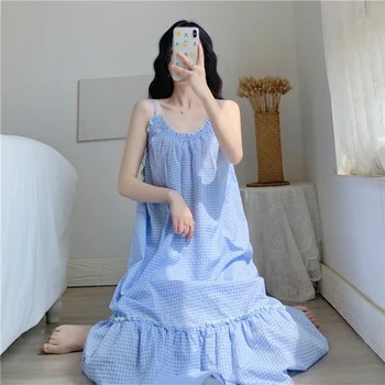 

Plaid strap nightdress summer feminine sexy little fairy пижама home service temptation nightgown yukata nightwear blue fashion