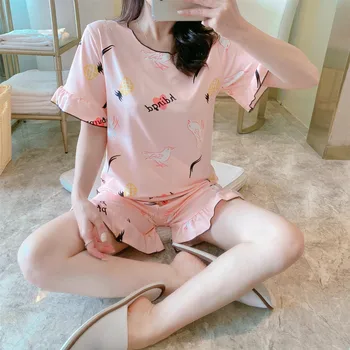 

Sleepwear women two piece Short Sleeve Cartoon pajama set Woman Nightgown Summer 2020 Home Suit Pyjamas ladies shorts Trousers