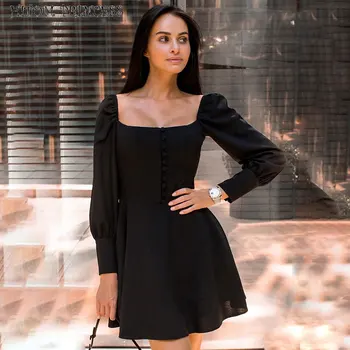 

HITOM PRINCESS Elegant Square Collar Pleated Dresses Women Long Sleeve Slim Mini Dress Button Fall Winter Party Dress Korean