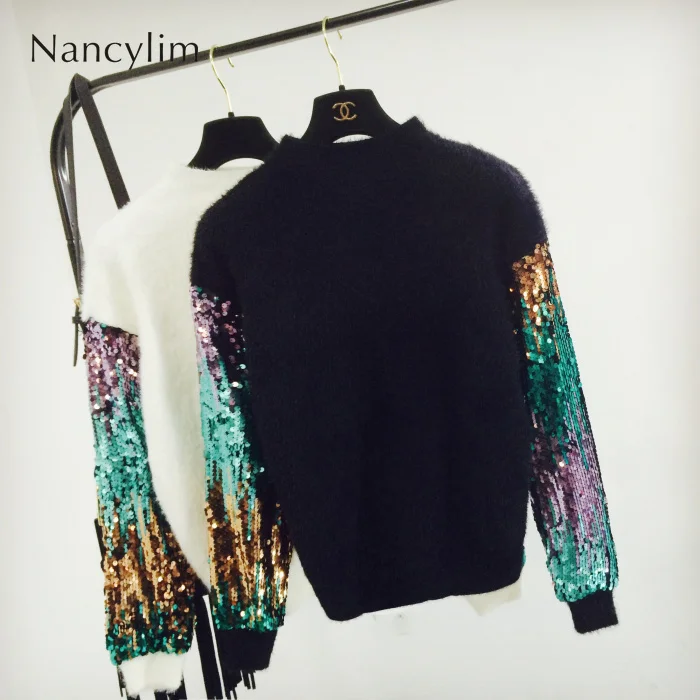 

Spring Autumn New Pull Sweater Fashion Long Sleeve Sequins Splice Mink Velvet Knitted Sweater Girls Street Jumper Pullovers