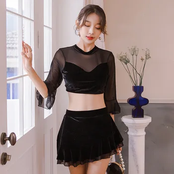 

Swimsuit Plus Size Bikinis Woman Cute Push-Up 2019 Long Sleeve Swimsuits With Skirt Block Ins Hot Bathing Suit Print Polyester