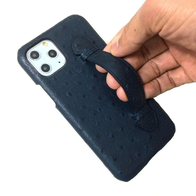 Тонкий чехол из натуральной кожи для iPhone 11 Pro Max, Роскошный милый тонкий чехол с ремешком из страуса, твердый 3D чехол синего цвета