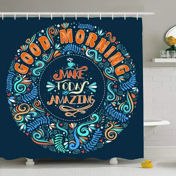 

Shower Curtain Set with Hooks 72x78 Good Label Cup Graphic Morning Or Lettering Make Today Poster Amazing Inspirational Vintage