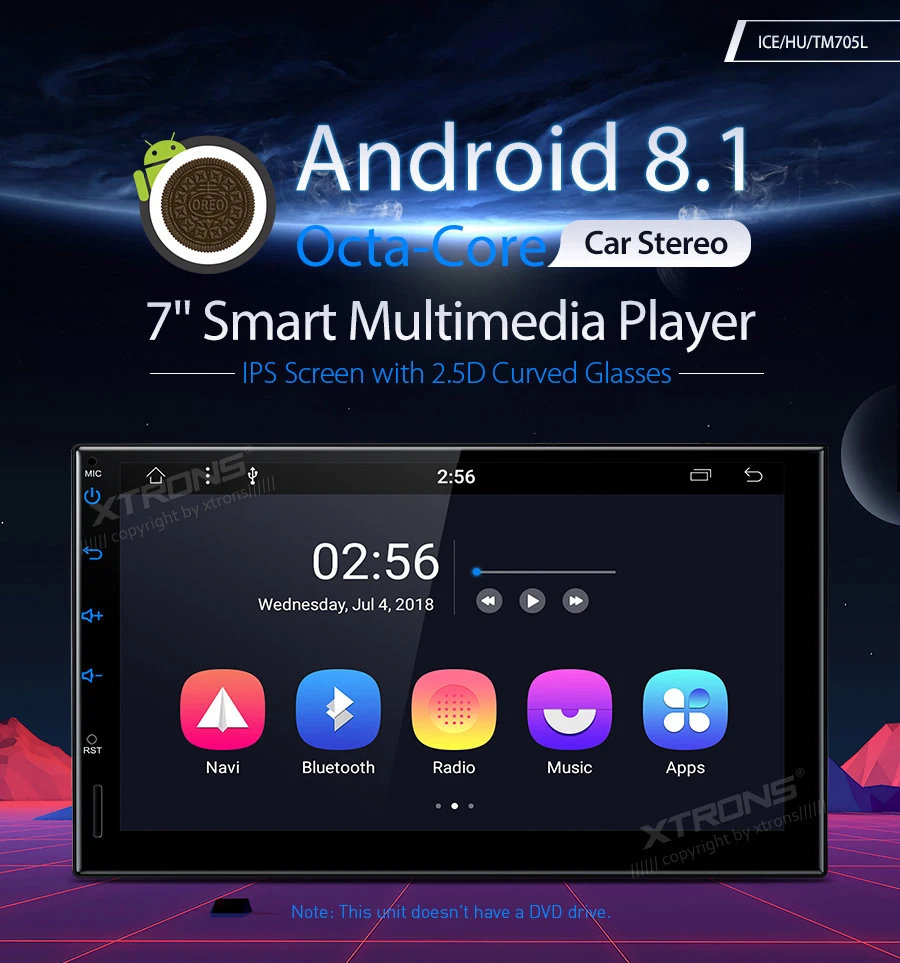 Perfect XTRONS 7" IPS Universal 2 Din Android 8.1 Octa-Core 2G RAM 32GB ROM  Car Stereo 2.5D Curved Screen GPS OBD DAB WIFI No DVD 0