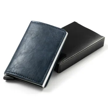 

YAMBUTO Men RFID Smart Card Wallet Vintage PU Leather Minimalist Wallet 2020 Metal Aluminum Thin Mini Wallet Carteira With Box