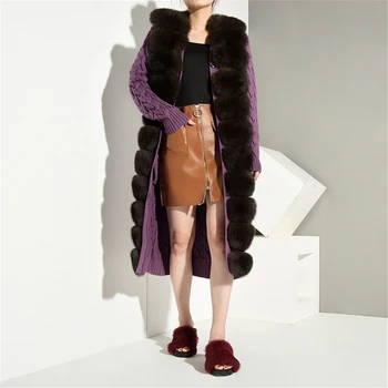

Tatyana Furclub 2019 Fashion Purple Knitted With Fox Fur Collar Dark Brown Fur Knitted With Belt Real Fur Coat Women Slim Long
