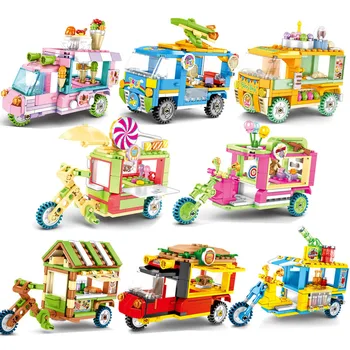 

City Mini Street View Building Blocks Takeaway Car Food Truck Tricycle Toy Auto Retail Store Vehicle Bricks Model Set Kids Gift