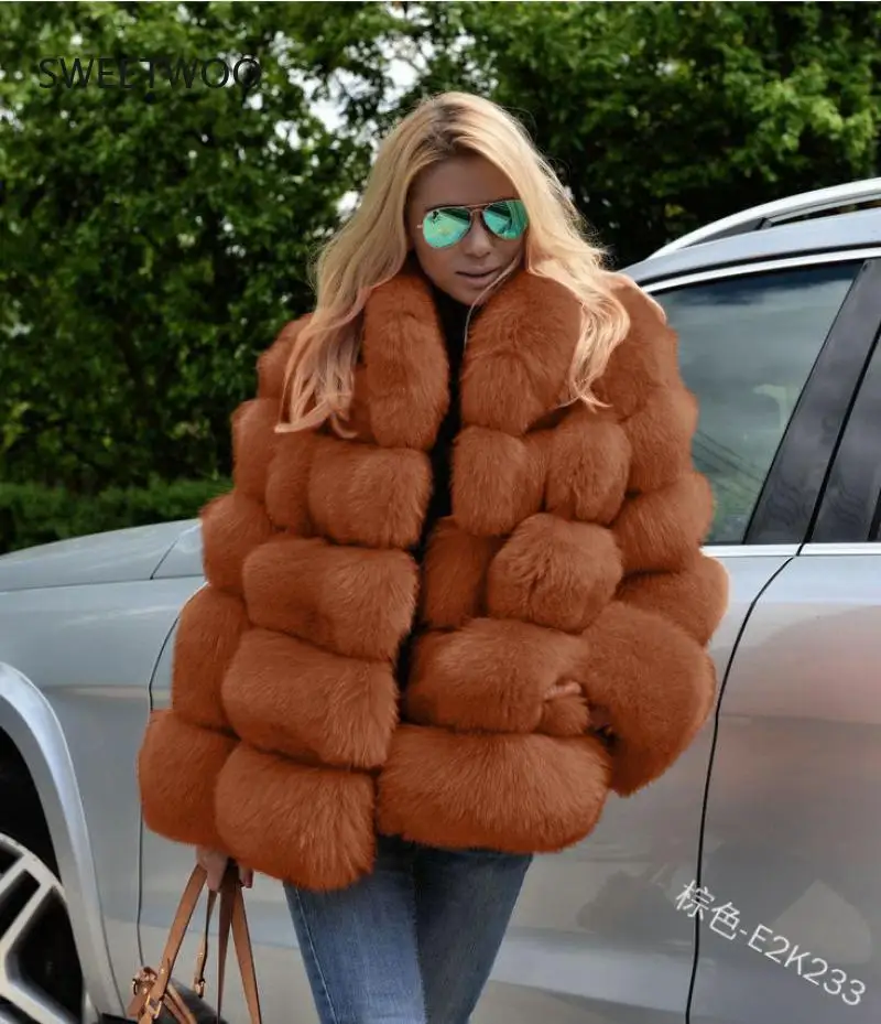 Winter Coat Women Luxury Faux Fox Fur Coat  Women Stand Fur Collar Long Sleeve Faux Fur Jacket
