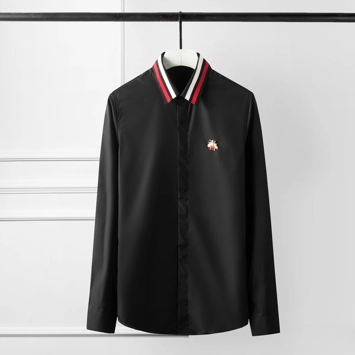 

Minglu Ribbon Collar Mens Shirts Luxury Bee Design Long Sleeve Solid Color Mens Dress Shirts Plus Size 3xl 4xl Slim Man Shirts