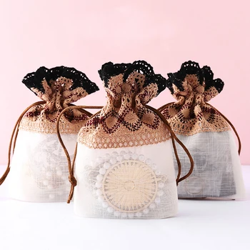 

12 Pcs 10x14cm Coffee Color Drawstring Wave Lace Yarn Bag for DIY Sundries Craft Pouch Gift Candy Bag Wedding Party Decor Bag
