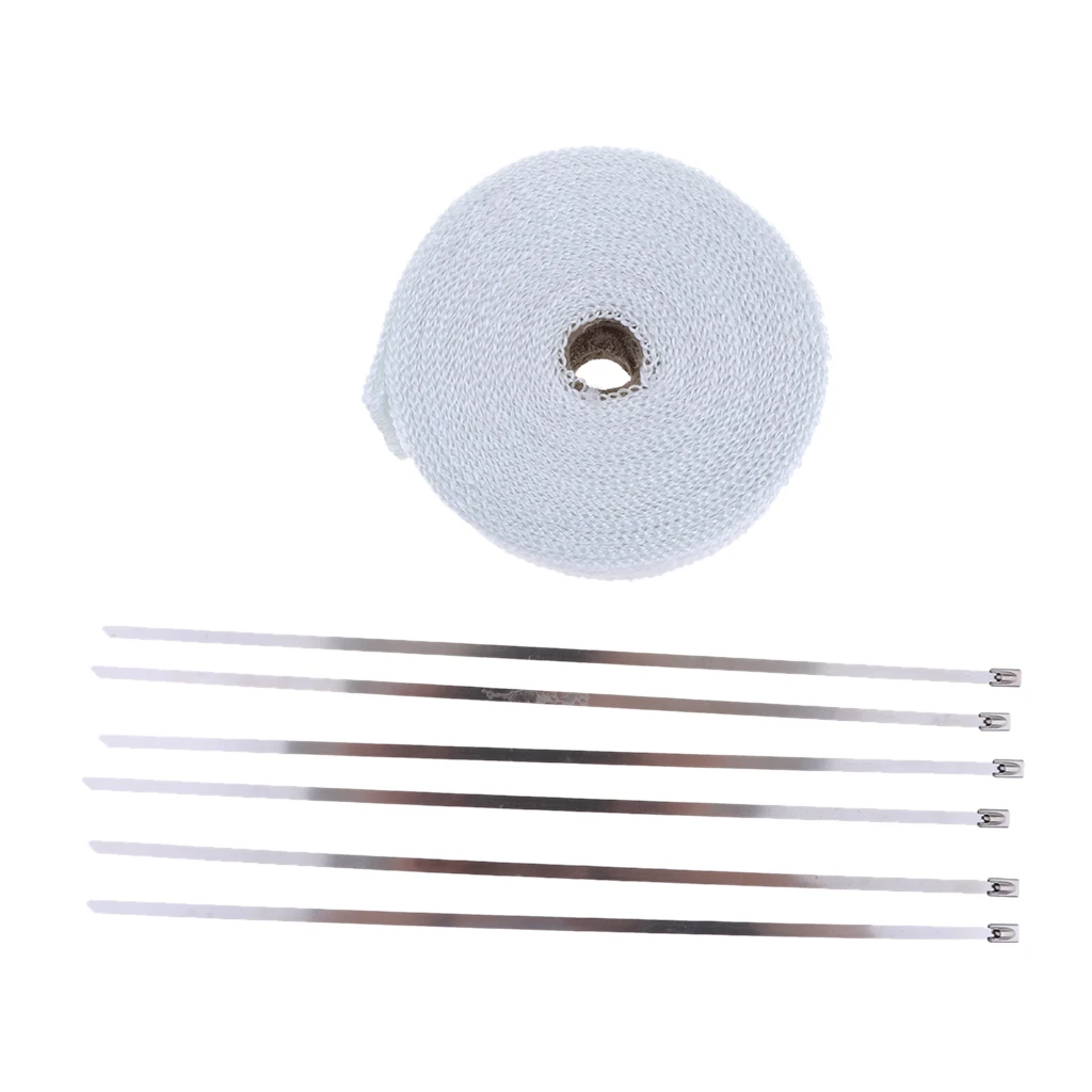 10m*5cm*2mm White Exhaust Header Pipe Wrap Motorcycle Car Manifold & 6 Ties