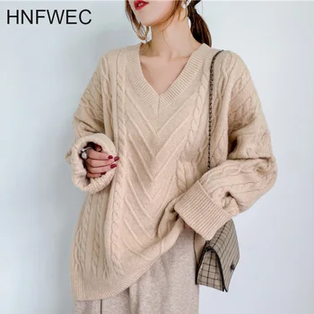 

Solid Color V-neck Wool Pullover Sweater Women 2020 Spring New Long Sleeve Loose Leisure Wild Knit Sweater Tops Y822
